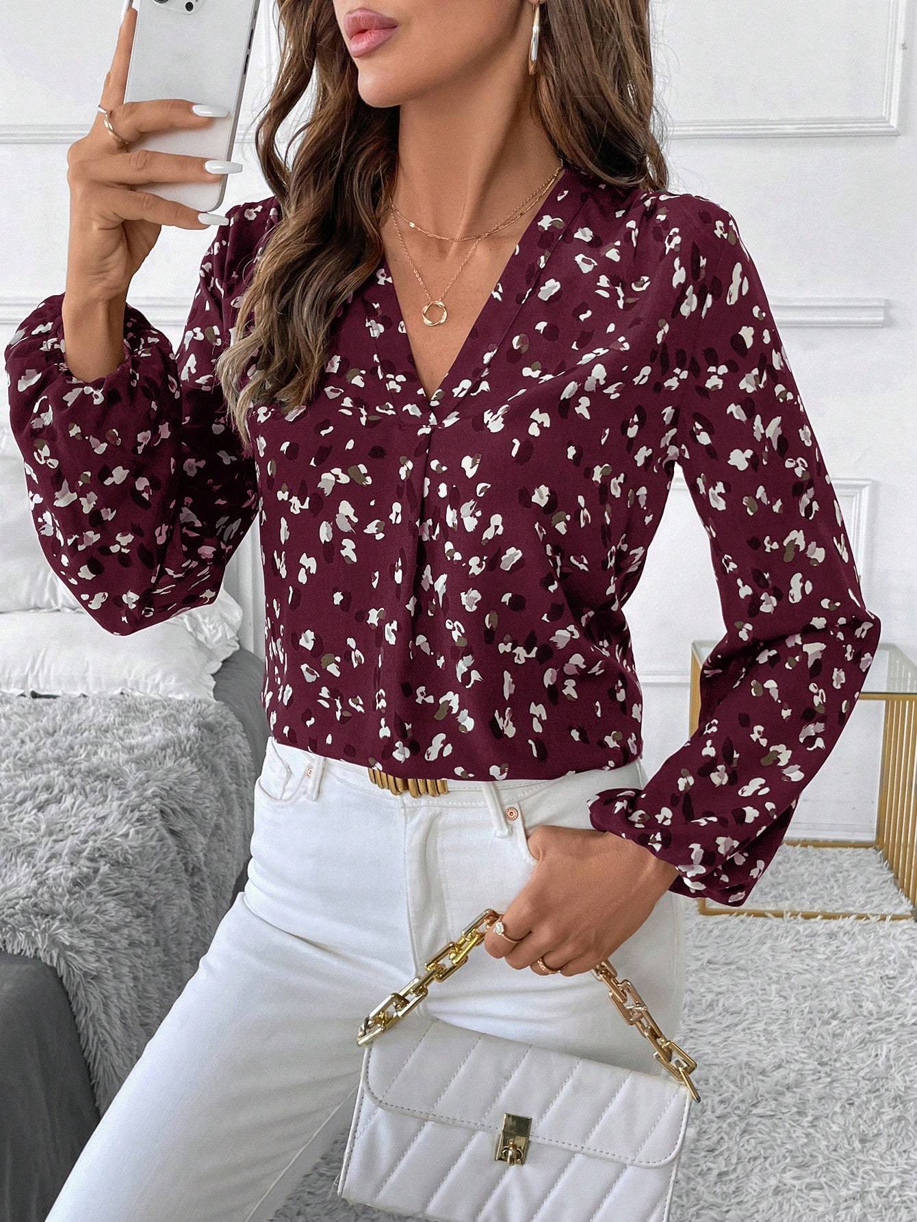 Long-sleeved V-neck blouse