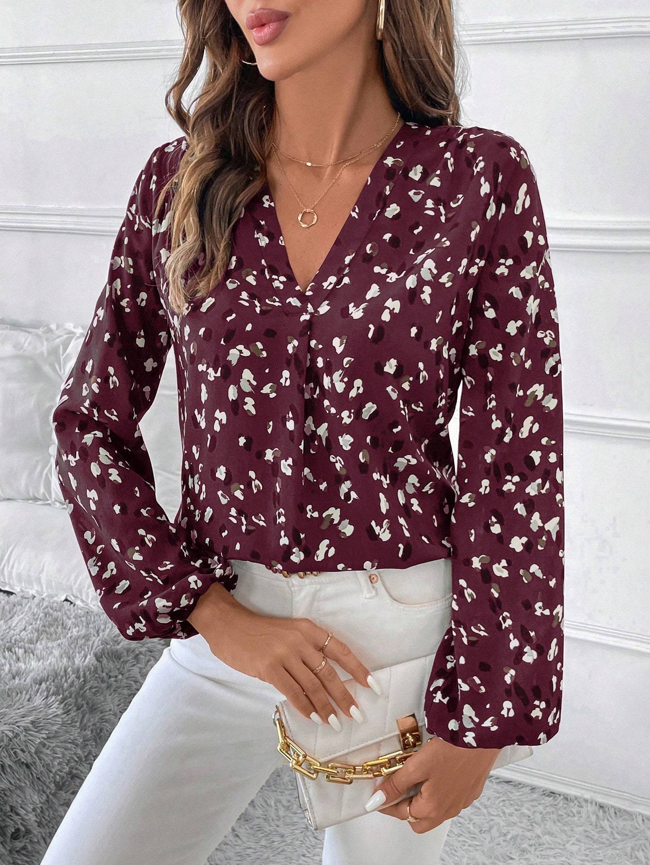 Long-sleeved V-neck blouse